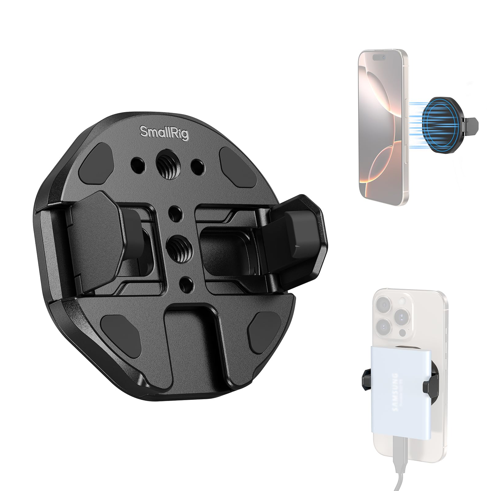 SMALLRIG SSD Magnetic Phone Mount Bracket SSD Holder with Magsafe, 45-70mm（1.77''-2.76'' Wide Clamping, 1/4"-20 Threads and Cold Shoe, for Samsung T3/T5, for SanDisk, for Crucial, for iPhone - 5157