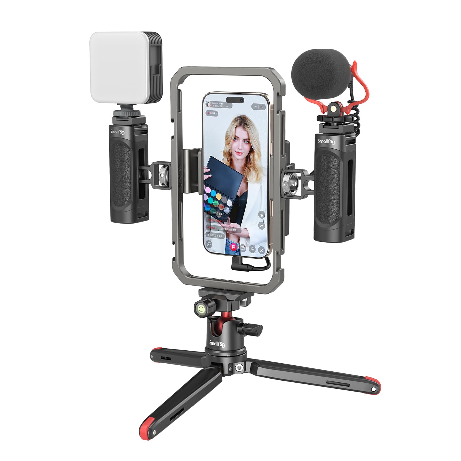 SmallRig Universal Phone Video Rig Kit for iPhone, Smartphone and Cameras, Phone Stabilizer Rig w/Tripod Microphone LED Light Side Handle Power Bank Holderm, for Vlogging & Live Streaming