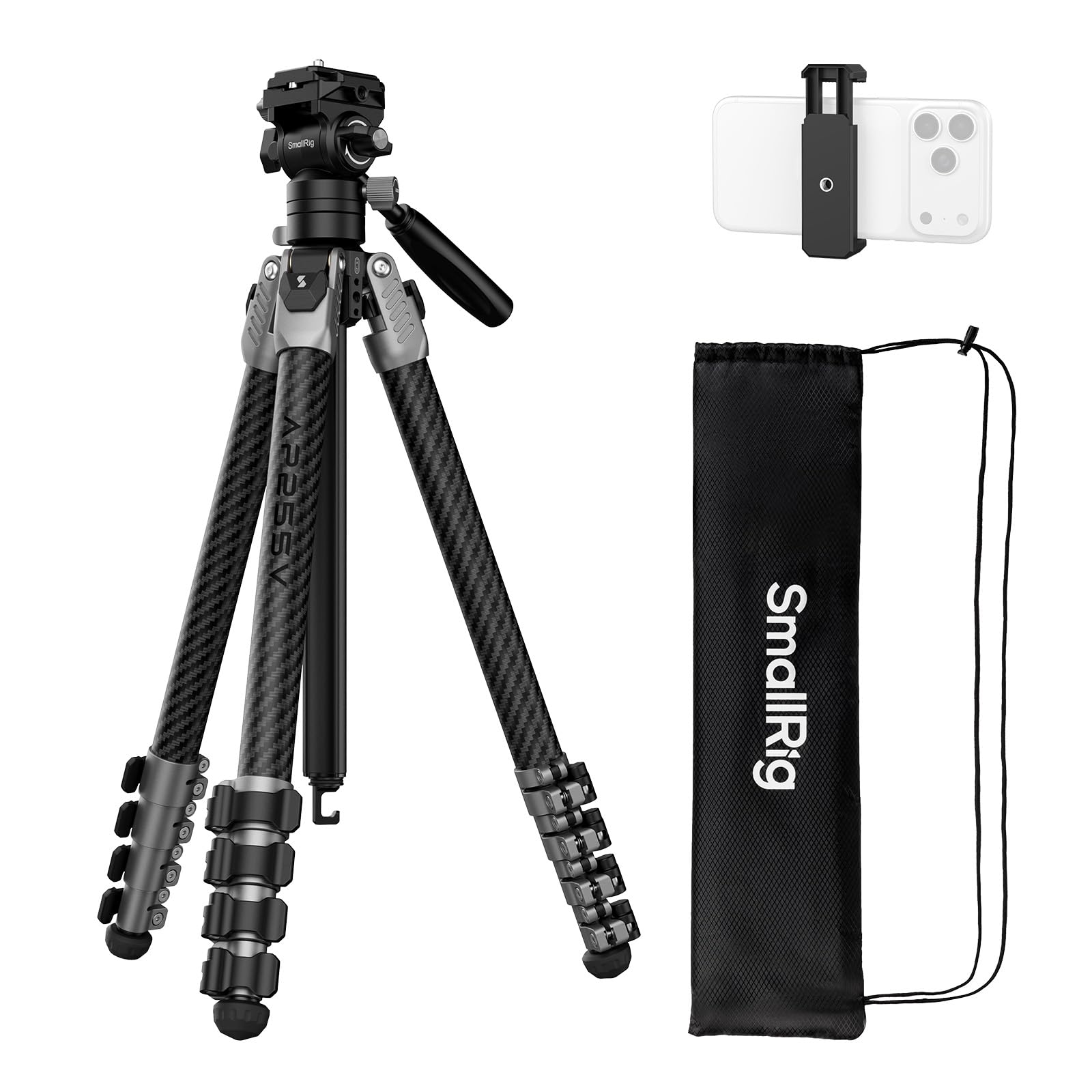 SmallRig 63" Portable Travel Tripod for iPhone and Camera, 160cm Carbon Fiber Video Tripod Stand with Compact Size 52cm/ 20.5" but 3kg Playload Fluid Head for Outdoor Photography AP255Pro