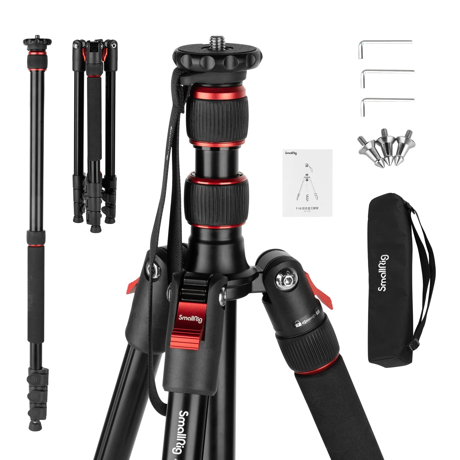 SmallRig T-10 Camera Tripod, 68" Foldable Aluminum Tripod & Monopod, Compatible with 1/4"-20 and 3/8"-16 Video Head, Payload 33lb, Adjustable Height from 19.7" to 67.7" for Camera, Phone - 3983
