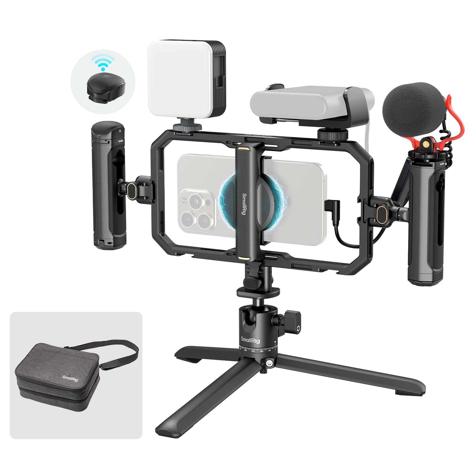 SmallRig All-in-One Universal Quick Release Phone Video Rig Kit Pro, Phone Stabilizer Rig Kit with LED Light Microphone QR Tripod Dual Handles Power Bank Holder, for Creator & Live Streaming - 4704