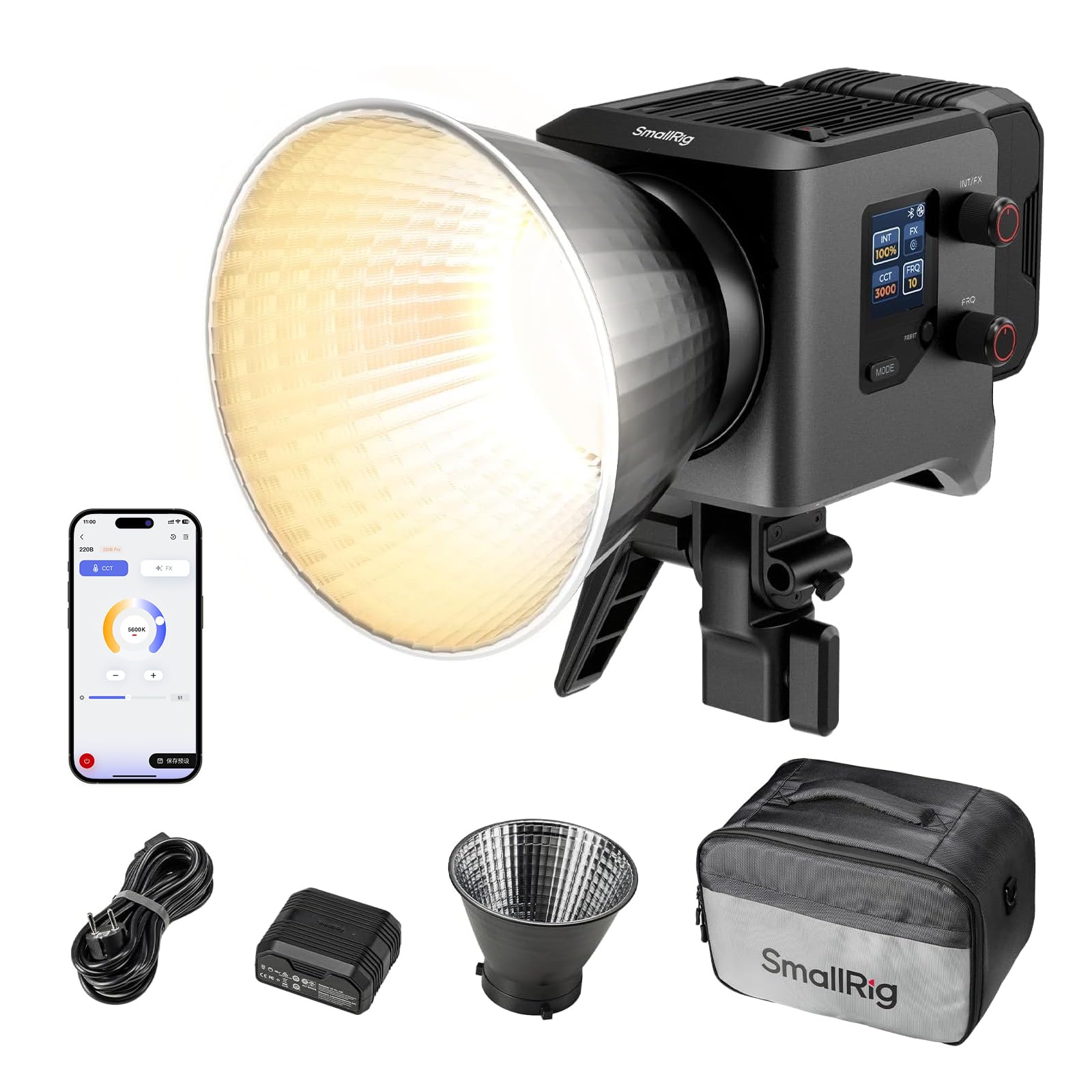 SMALLRIG RC 220B Pro 220W COB Video Light, Bi-Colour Video Light 2700K-6500K, CRI 95+ Bowens Mount Light, Support 3 Power Supply Methods, App Control for Photography and Photo Studio