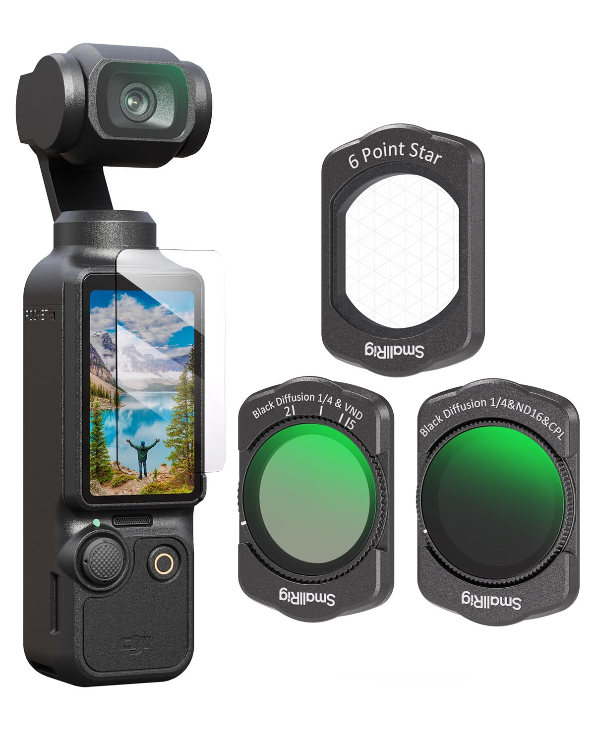 SMALLRIG Magnetic Filters Set for DJI Osmo Pocket 3, Includes 1/4 Black Diffusion & ND16 & CPL Filter, 1/4 Black Diffusion & VND Filter, 6-Point Star Filter, and Screen Protector