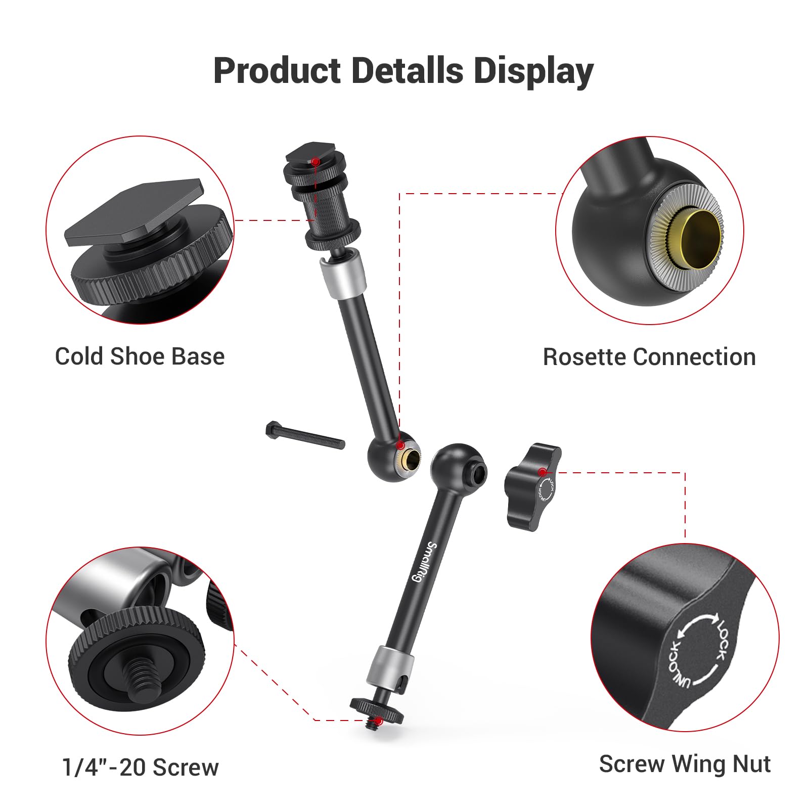 SMALLRIG Articulating Rosette Arm Max 11'' Long with Cold Shoe Mount & Standard 1/4"-20 Threaded Screw Adapter - 1498