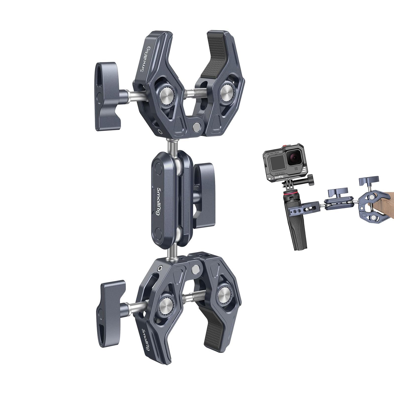 SMALLRIG Double Clamp Mount, Super Clamp Arm, for Chair, Pole, Tripod, C Stand, Handlebar, All Metal Max Load Capacity 3.5kg