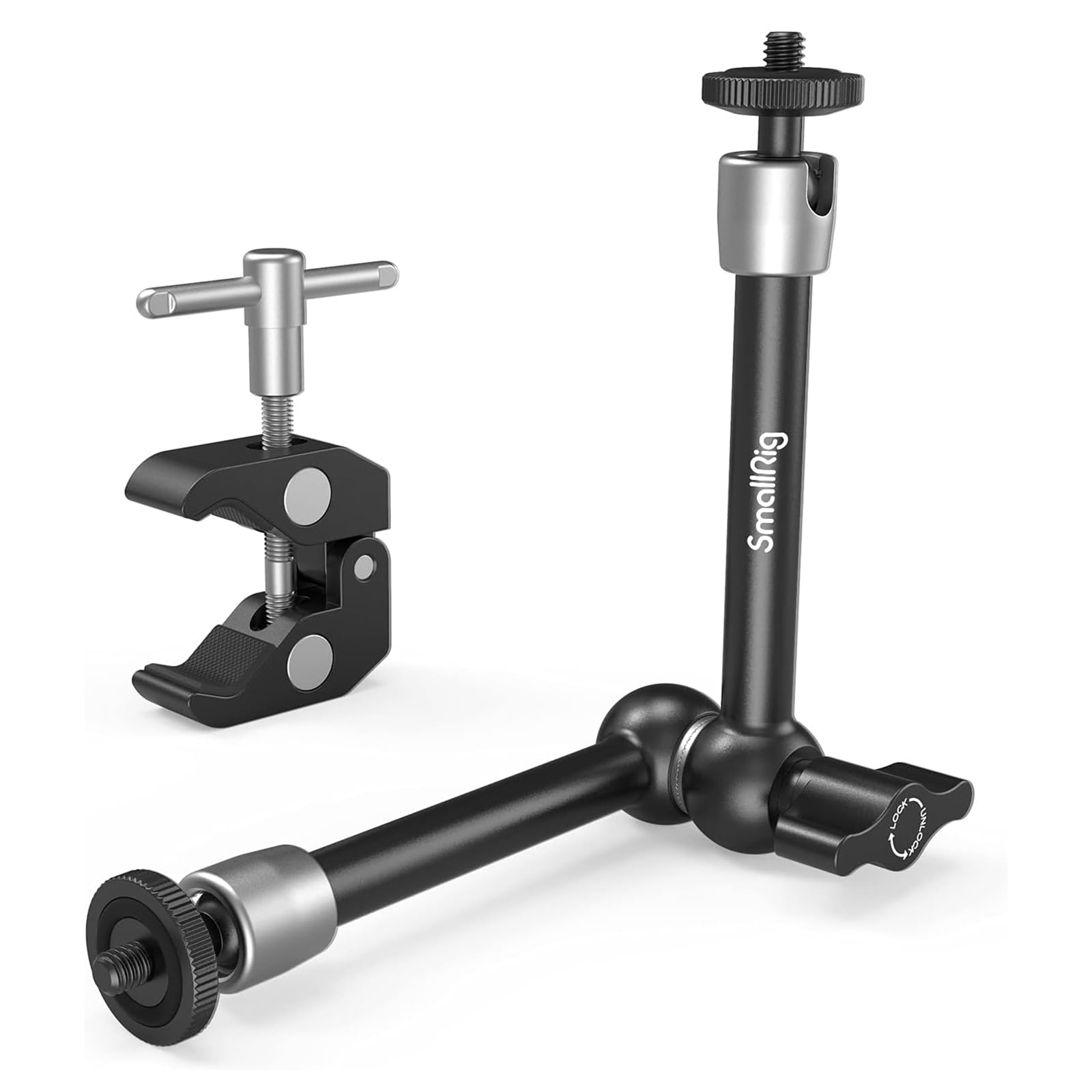 SMALLRIG Clamp w/ 1/4" and 3/8" Thread and 9.8 Inches Adjustable Friction Power Articulating Magic Arm with 1/4" Thread Screw for LCD Monitor/LED Lights - KBUM2732B