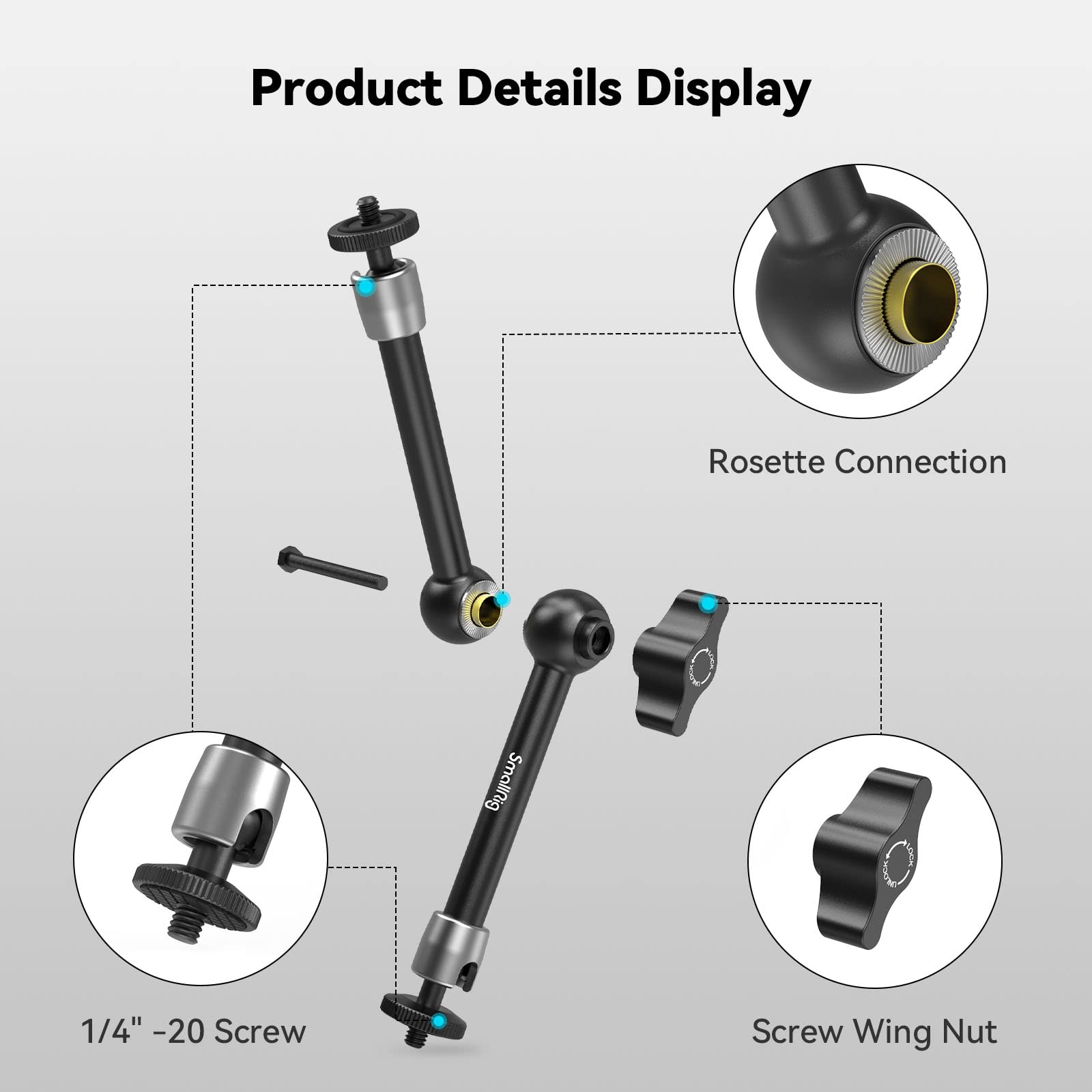 SmallRig 9.8 inch Adjustable Articulating Magic Arm with Both 1/4" Thread Screw for LCD Monitor/LED Lights - 2066B