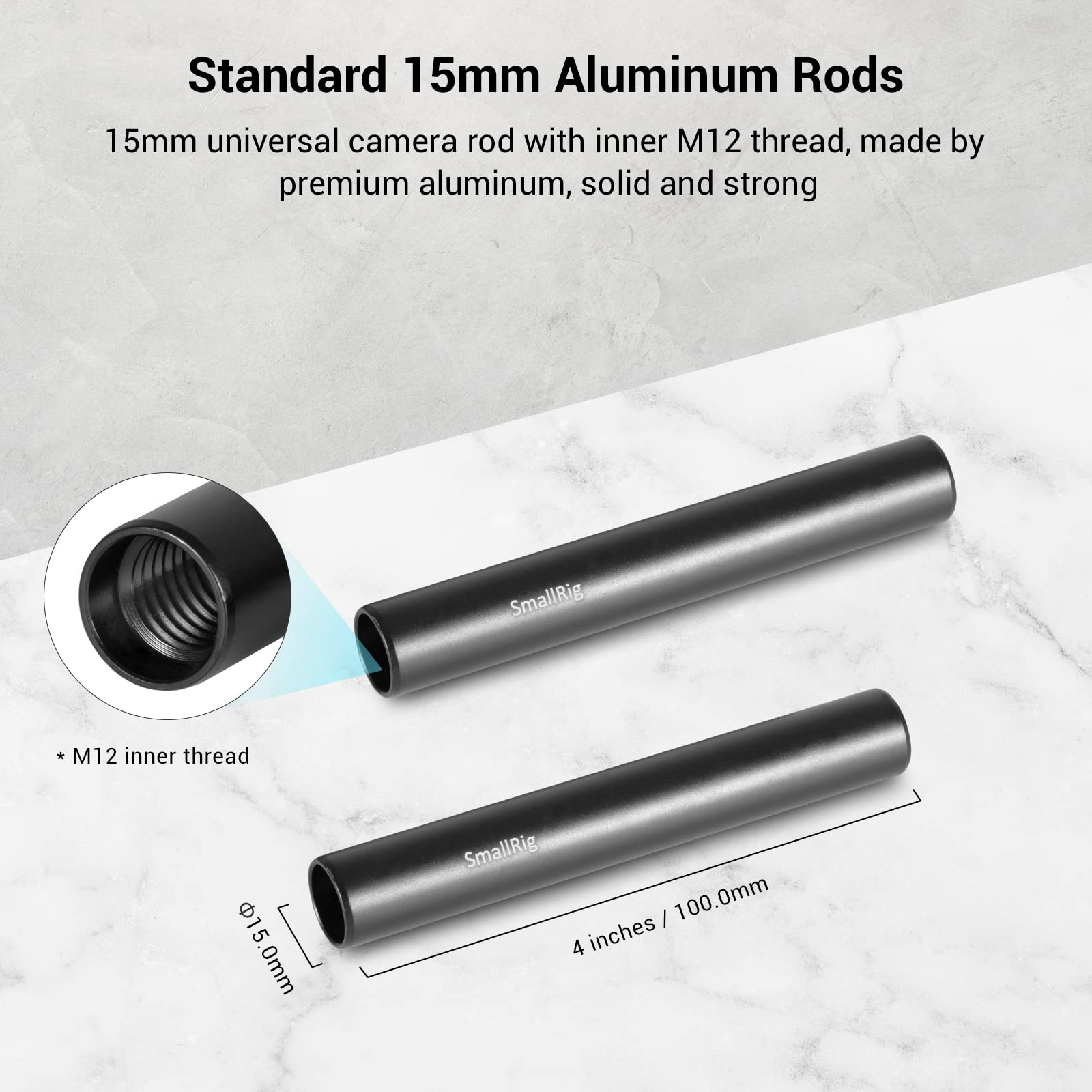 SmallRig 4 Inches (10 cm) Black Aluminum Alloy 15mm Rod with M12 Female Thread, Pack of 2-1049